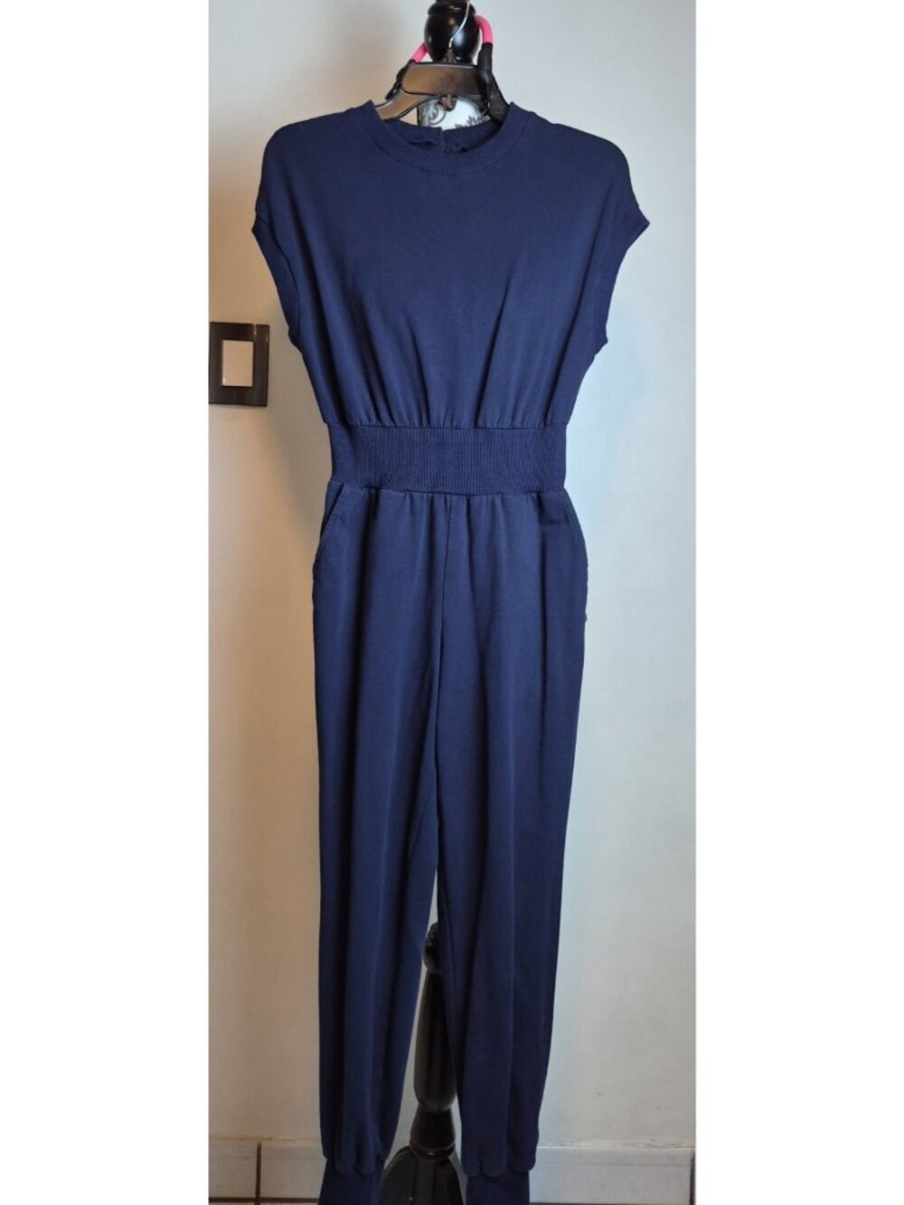 bishop + young Womens Navy Jogger Jumpsuit [TALLA] Cap Sleeve Ribbed Waist Pocke